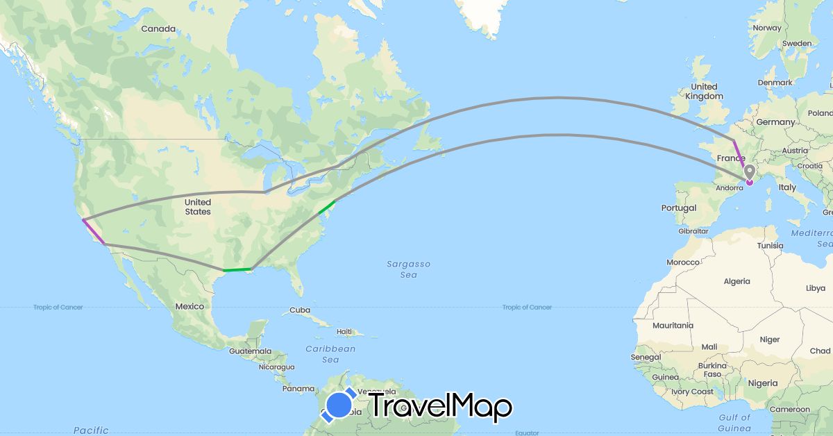 TravelMap itinerary: driving, bus, plane, train in Canada, France, United States (Europe, North America)